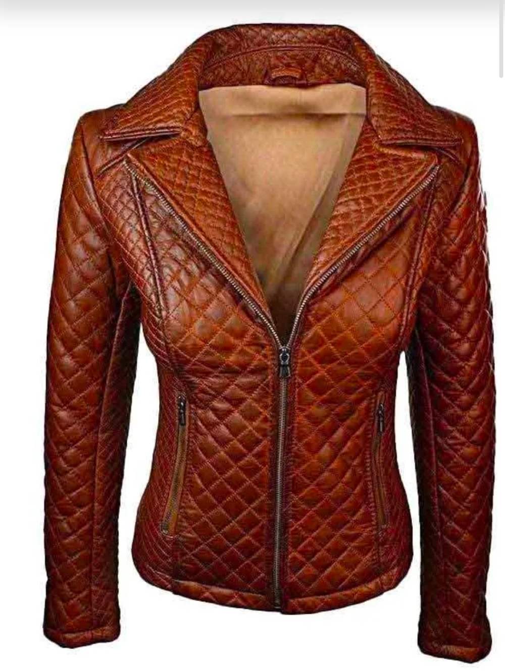 Jackets Junction Quilted Genuine Sheep Skin Leather Moto Jacket Brown Women US S